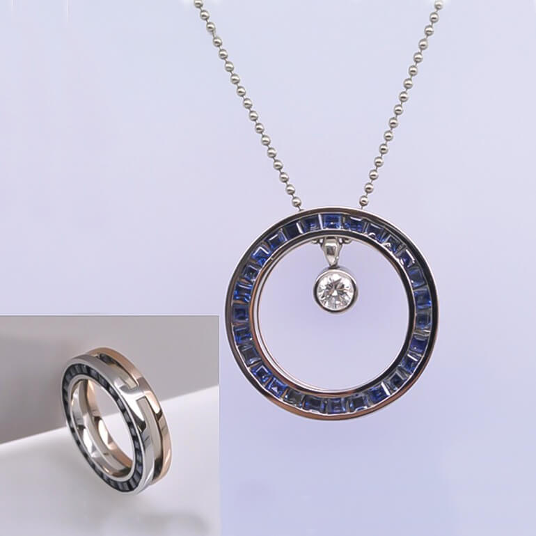 角の沢山のサファイヤを生かしたペンダント